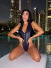 ❤Faux Leather High Neck Zipper Swimsuit