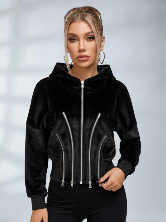 Velvet Multi-Zipper Waist Cinched Cropped Hooded Jacket