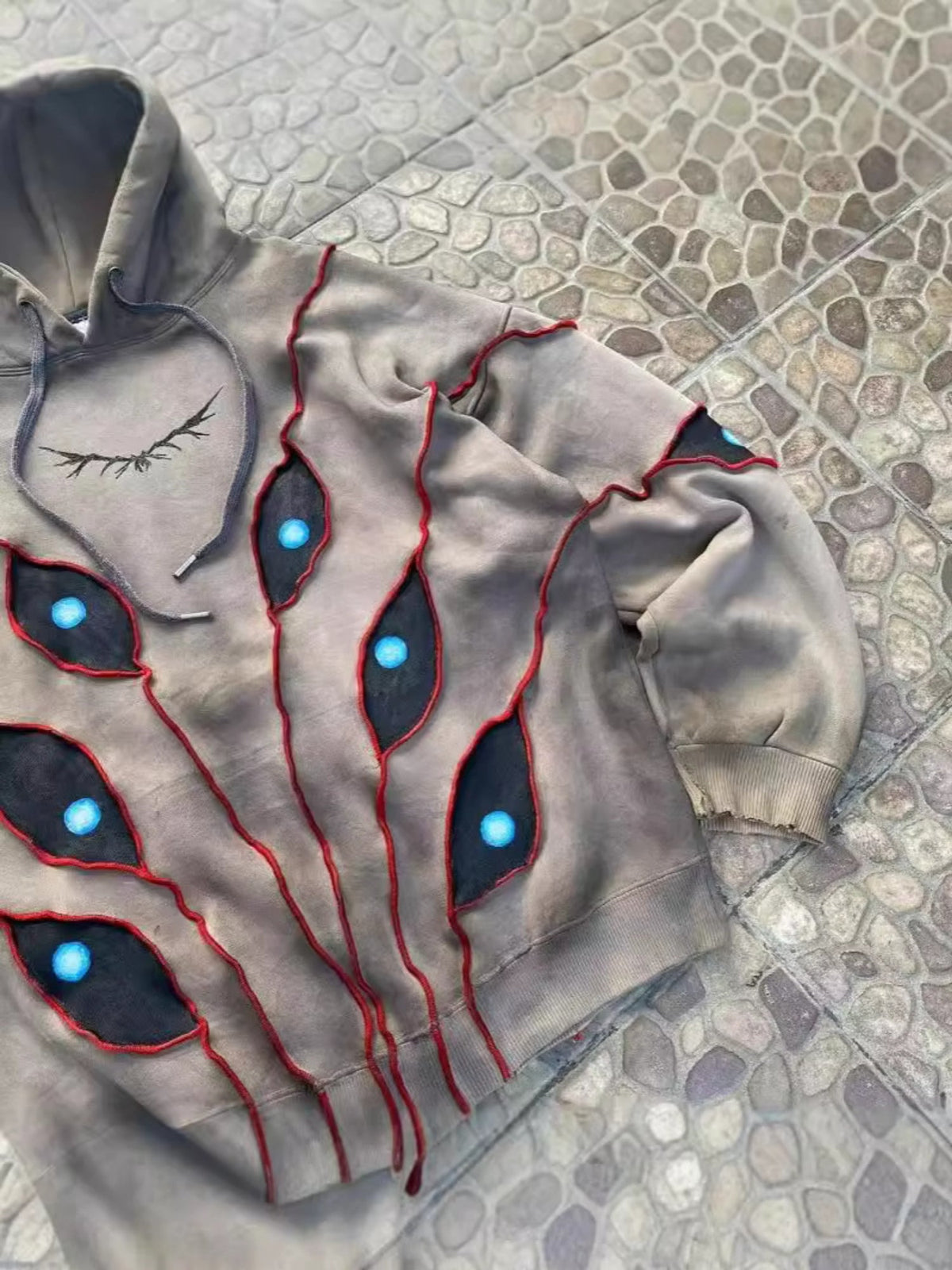 Vintage Distressed Multi-Eye Patchwork Hoodie
