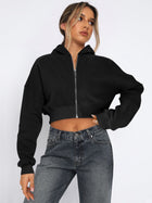 Casual Loose Fit Full Zip Cropped Sweatshirt