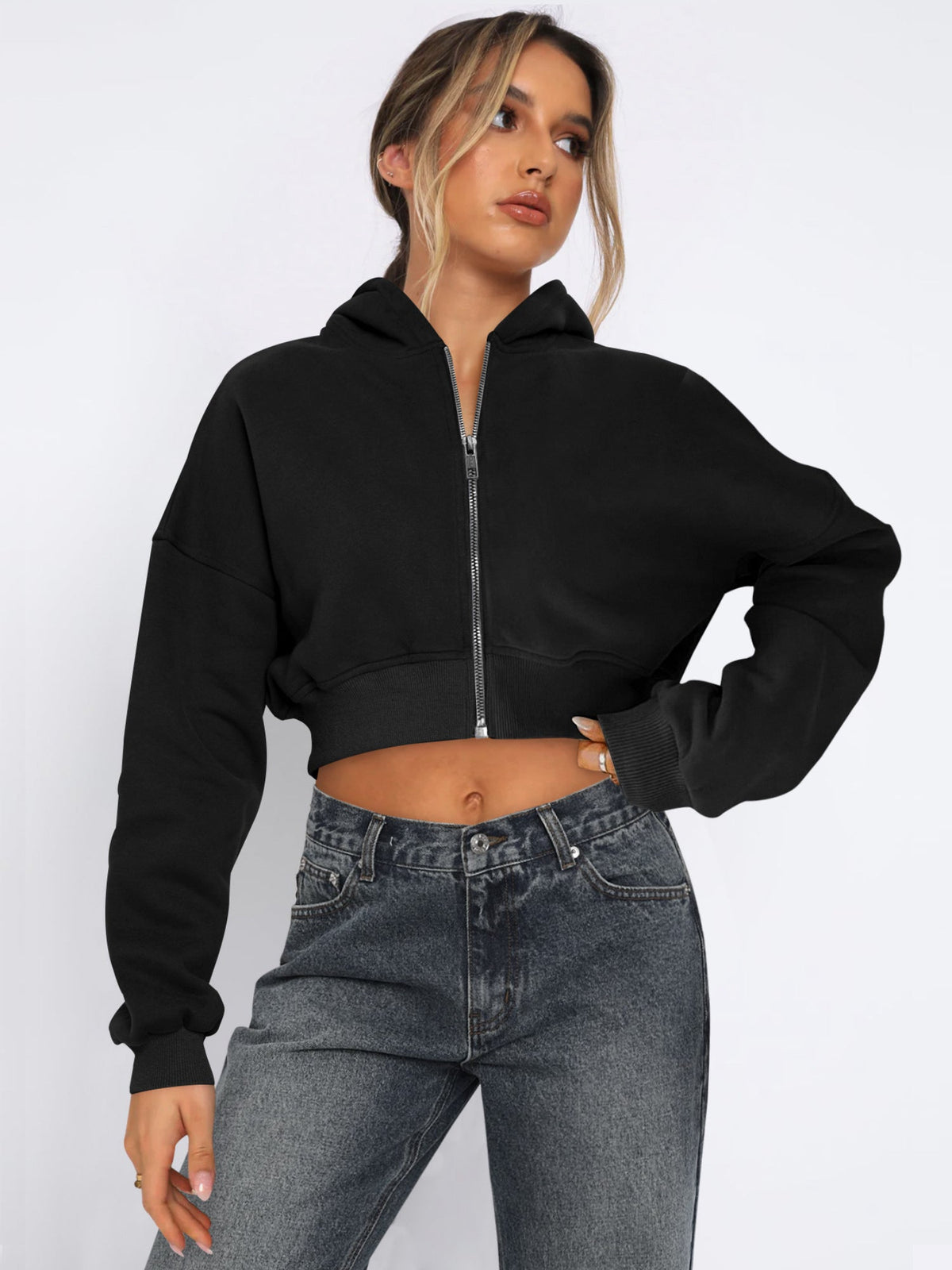 Casual Loose Fit Full Zip Cropped Sweatshirt