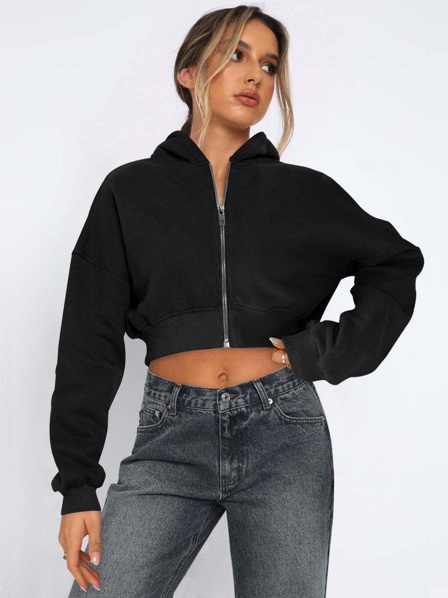 Casual Loose Fit Full Zip Cropped Sweatshirt