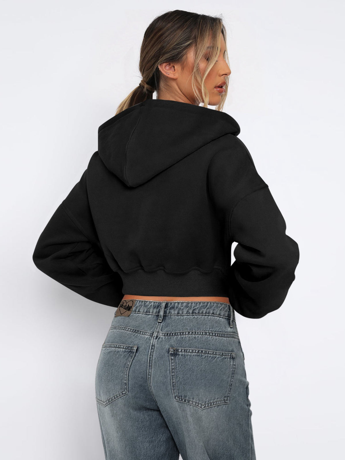 Casual Loose Fit Full Zip Cropped Sweatshirt