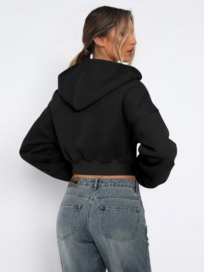 Casual Loose Fit Full Zip Cropped Sweatshirt