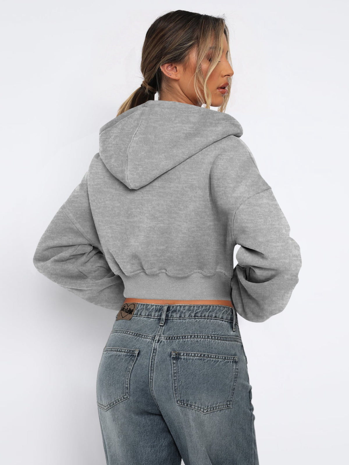 Casual Loose Fit Full Zip Cropped Sweatshirt