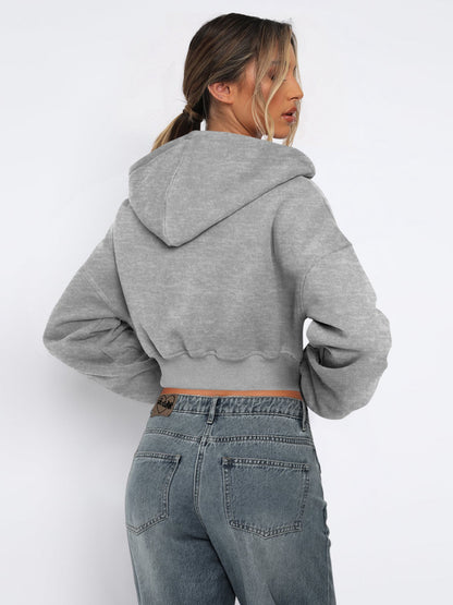 Casual Loose Fit Full Zip Cropped Sweatshirt