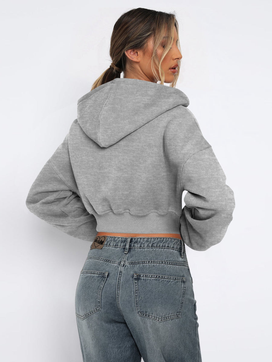 Casual Loose Fit Full Zip Cropped Sweatshirt