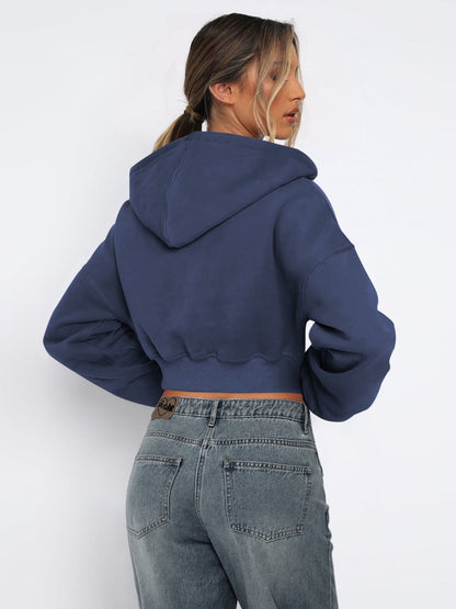 Casual Loose Fit Full Zip Cropped Sweatshirt