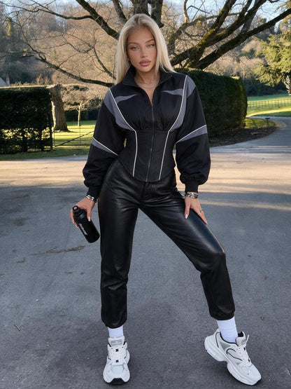 Color Block Cinched Waist Zip Up Jacket