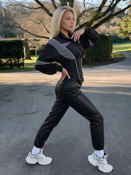 Color Block Cinched Waist Zip Up Jacket
