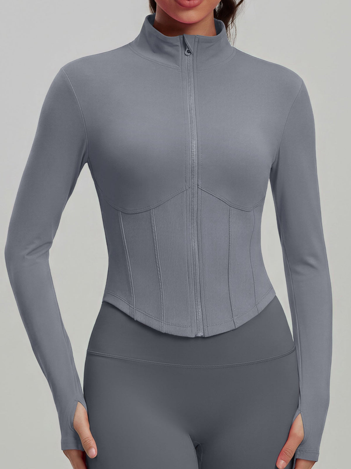 Thumb Hole Ribbed Zip Front Shaping Fitness Top