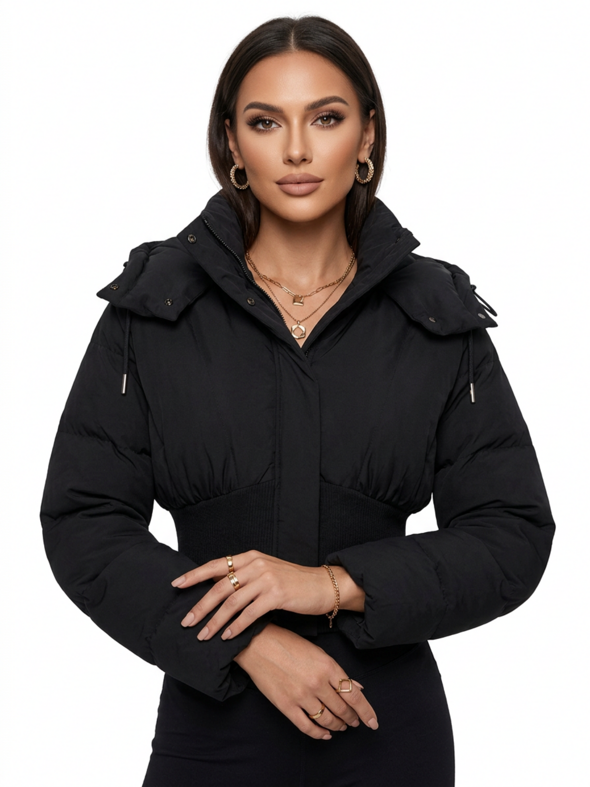 Drawstring Hood Rib Waist Cropped Puffer Coat for Women