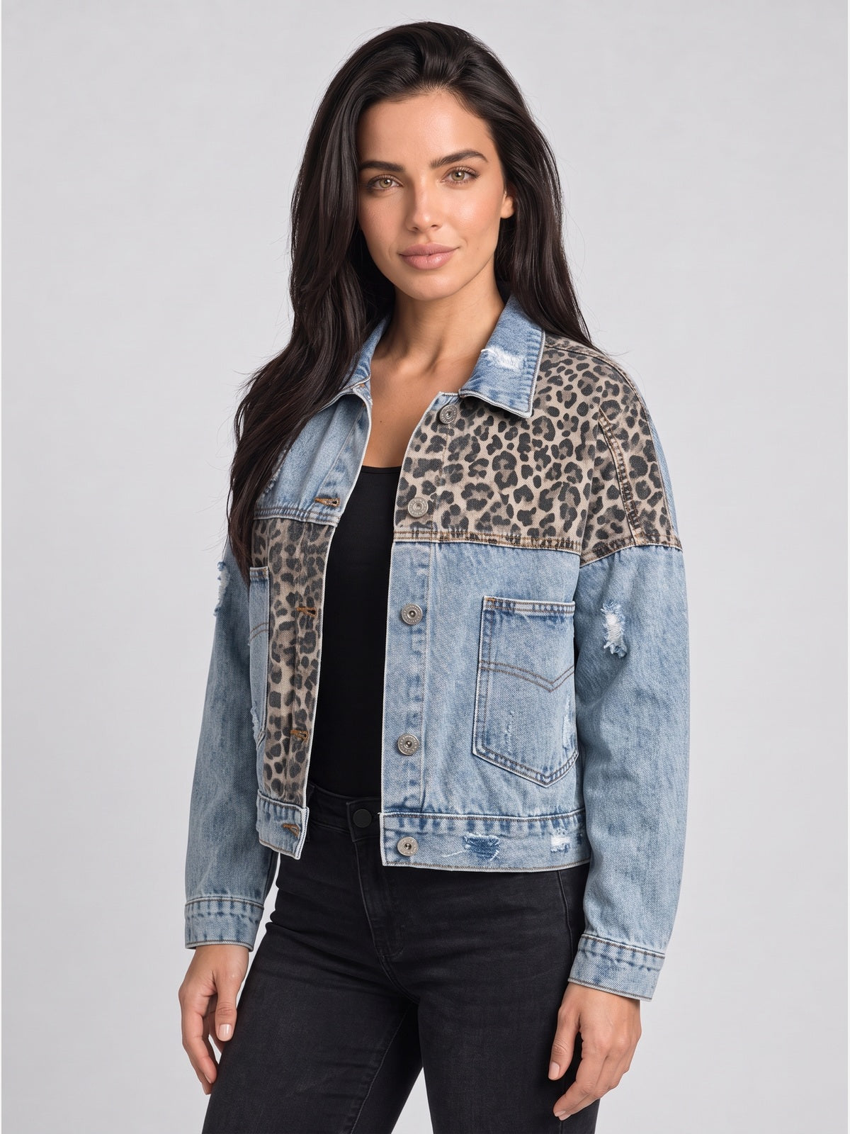 Women's Leopard Panel Distressed Denim Jacket