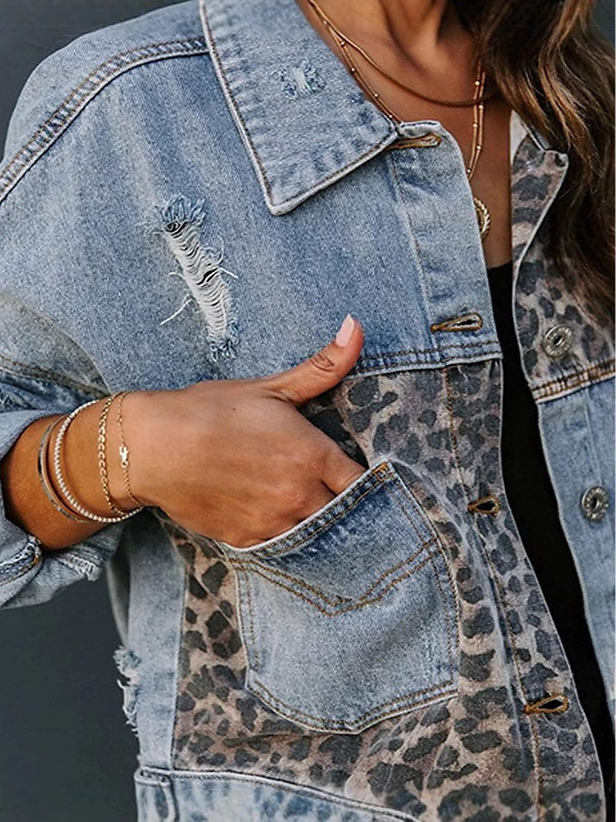 Women's Leopard Panel Distressed Denim Jacket