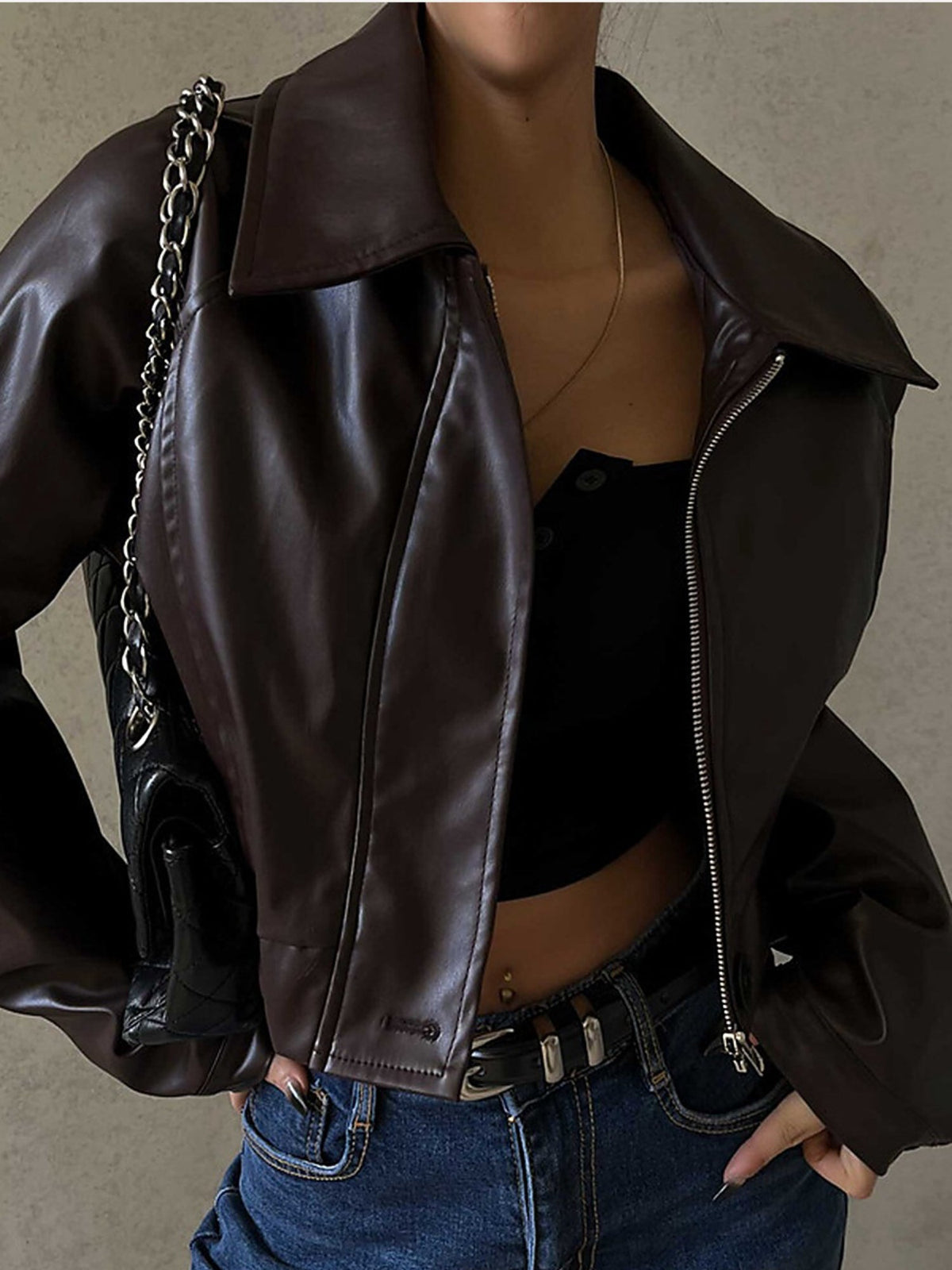 Women's Faux Leather Cropped Moto Jacket