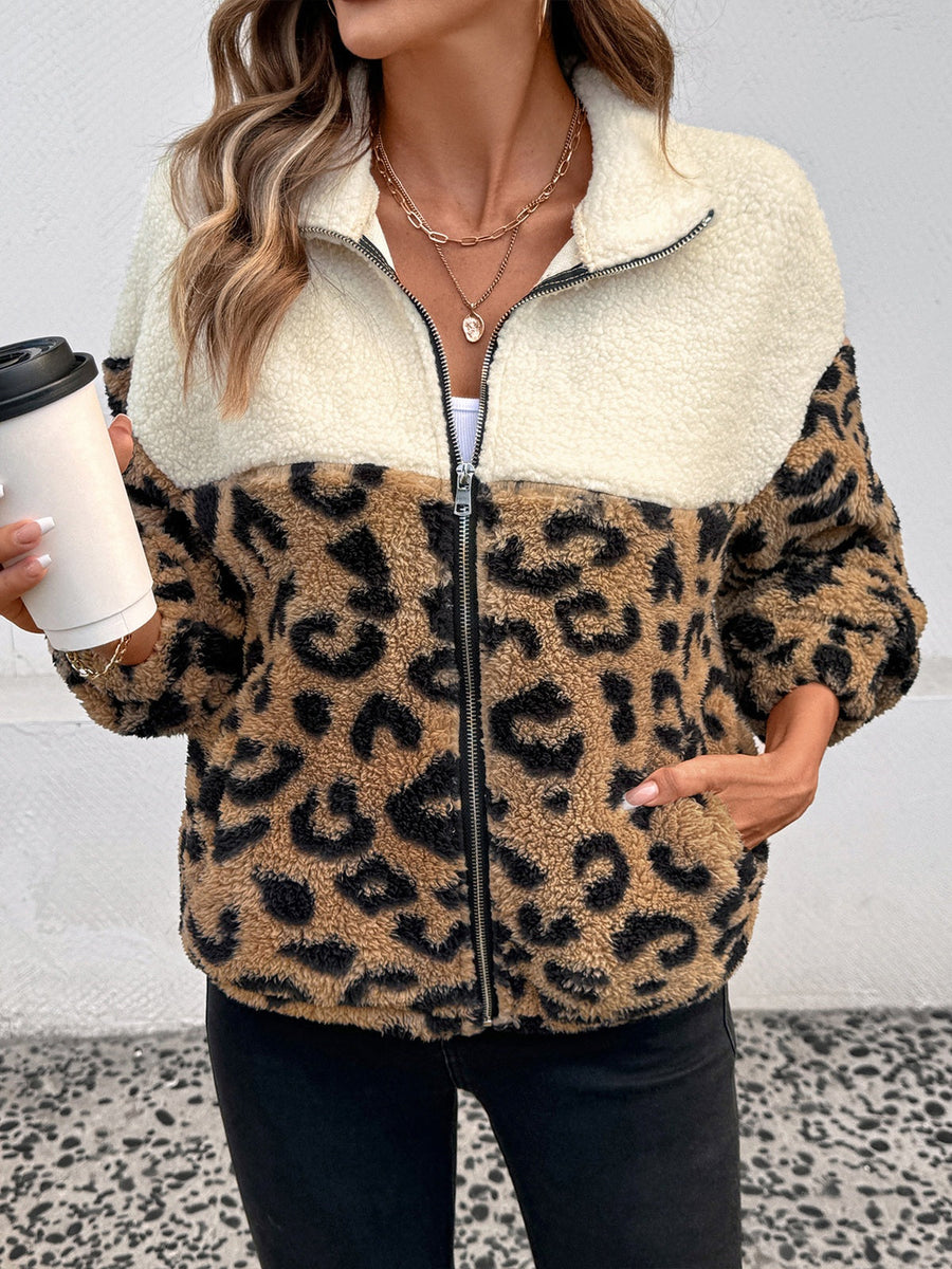 Leopard Print Color Block Sherpa Jacket
