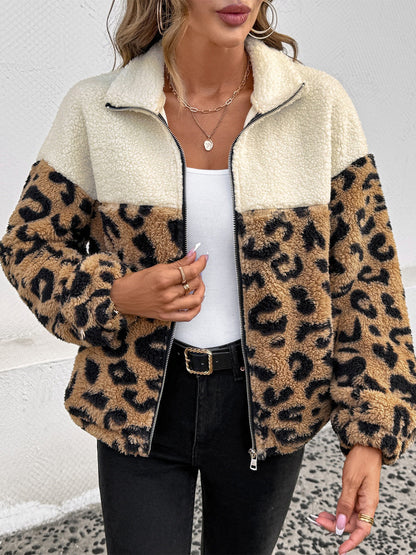 Leopard Print Color Block Sherpa Jacket