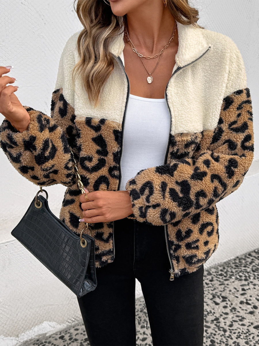 Leopard Print Color Block Sherpa Jacket
