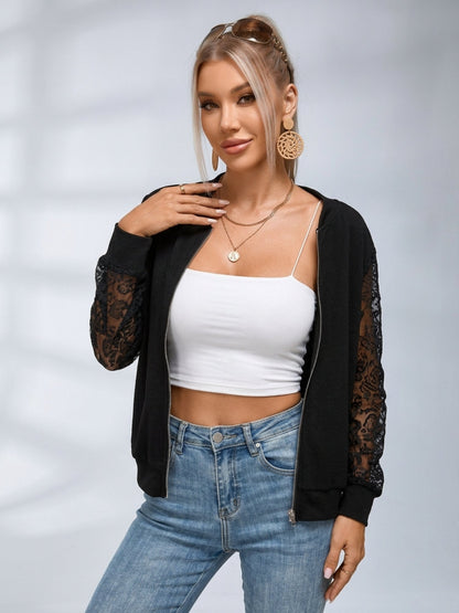 Black Lace Sleeve Bomber Jacket