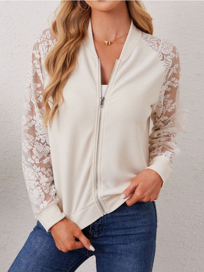 Black Lace Sleeve Bomber Jacket