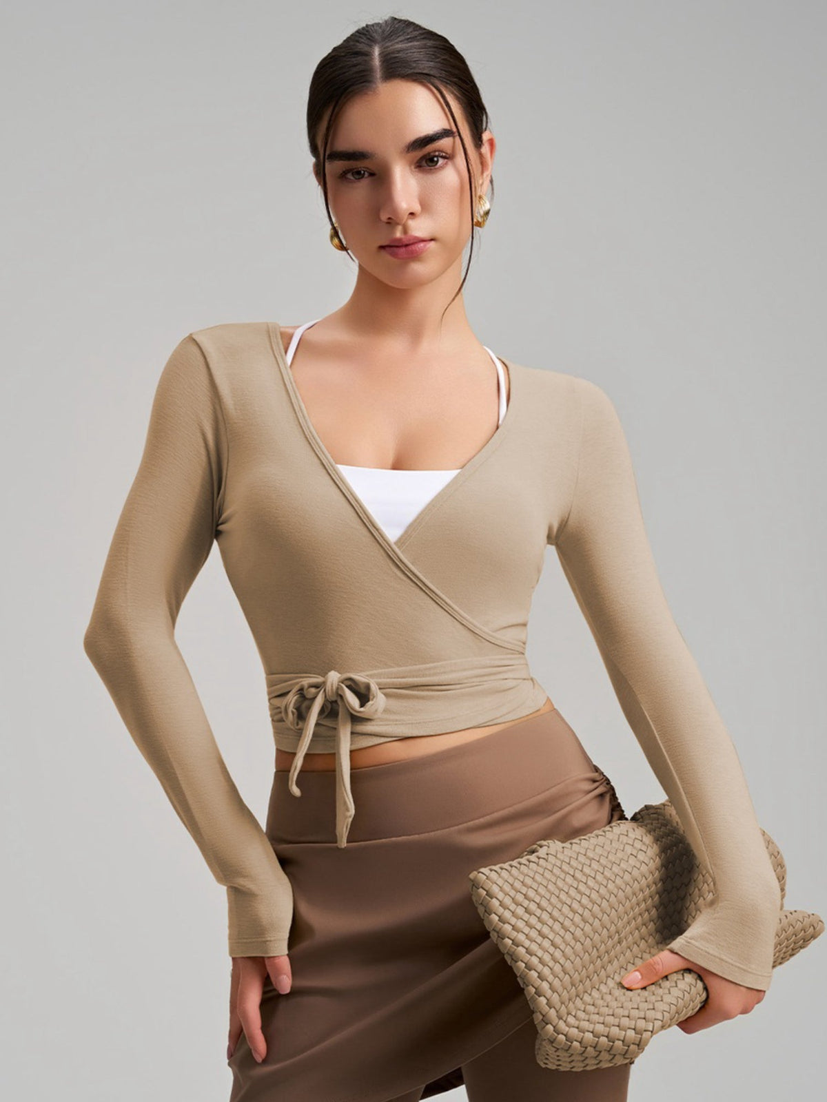 Women's Cropped Long Sleeve Wrap Tie Yoga Top