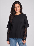 Lace Sleeve Drop Shoulder Round Neck Long Sleeve Top