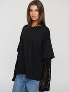 Lace Sleeve Drop Shoulder Round Neck Long Sleeve Top