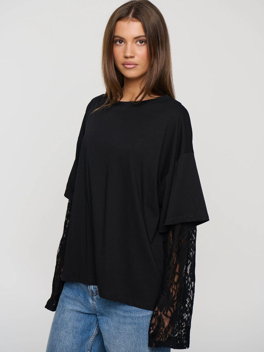 Lace Sleeve Drop Shoulder Round Neck Long Sleeve Top