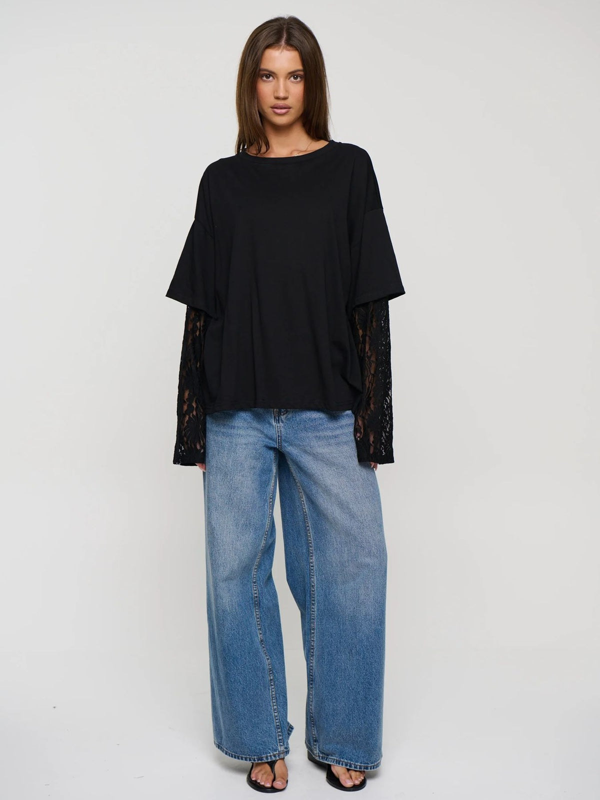 Lace Sleeve Drop Shoulder Round Neck Long Sleeve Top