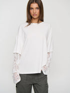 Lace Sleeve Drop Shoulder Round Neck Long Sleeve Top