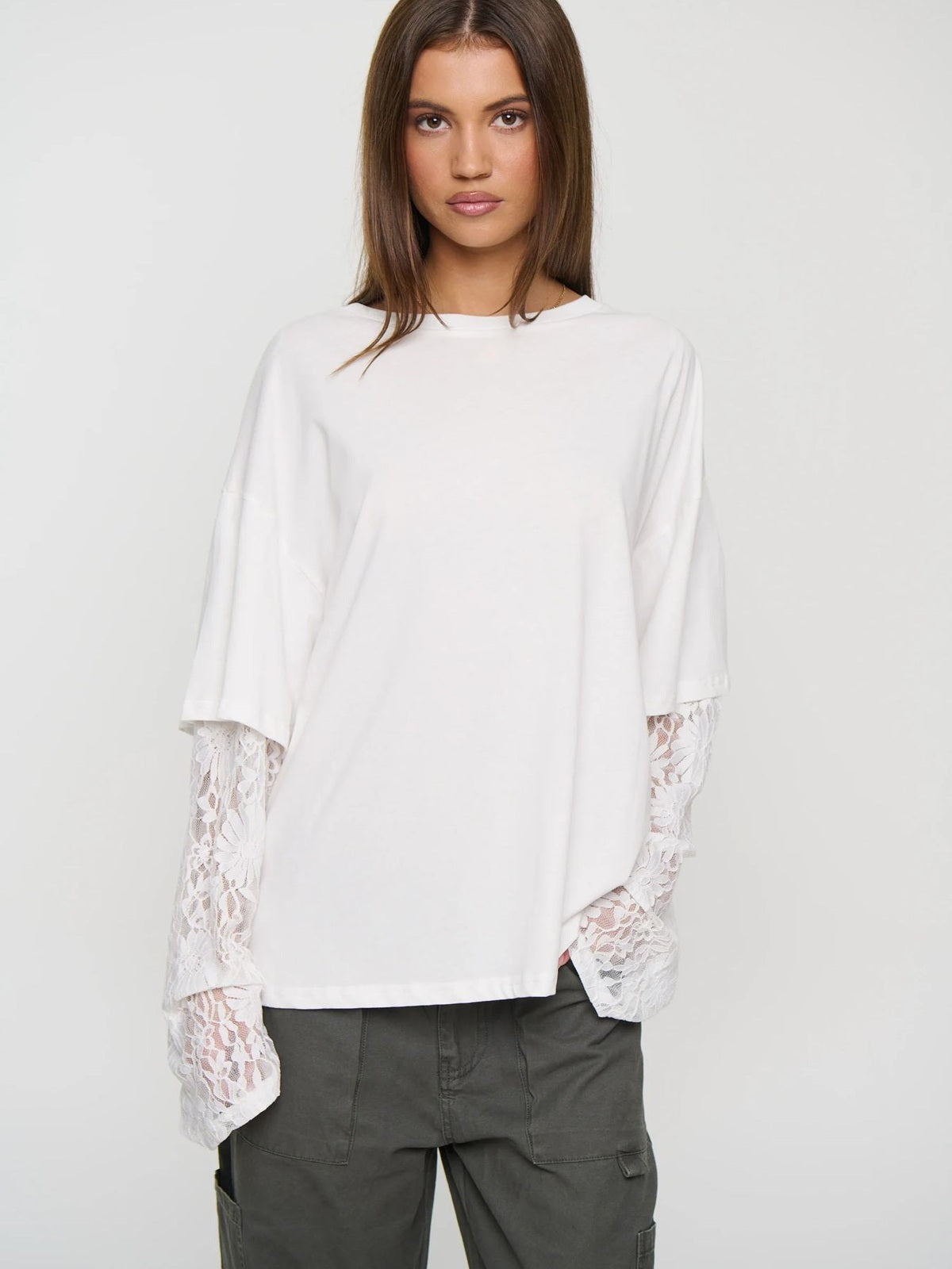 Lace Sleeve Drop Shoulder Round Neck Long Sleeve Top