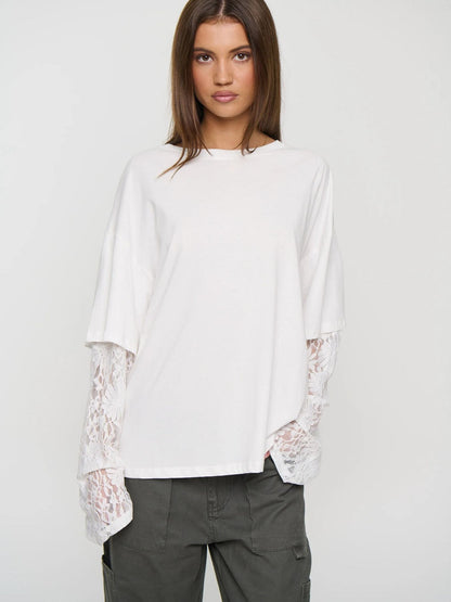 Lace Sleeve Drop Shoulder Round Neck Long Sleeve Top