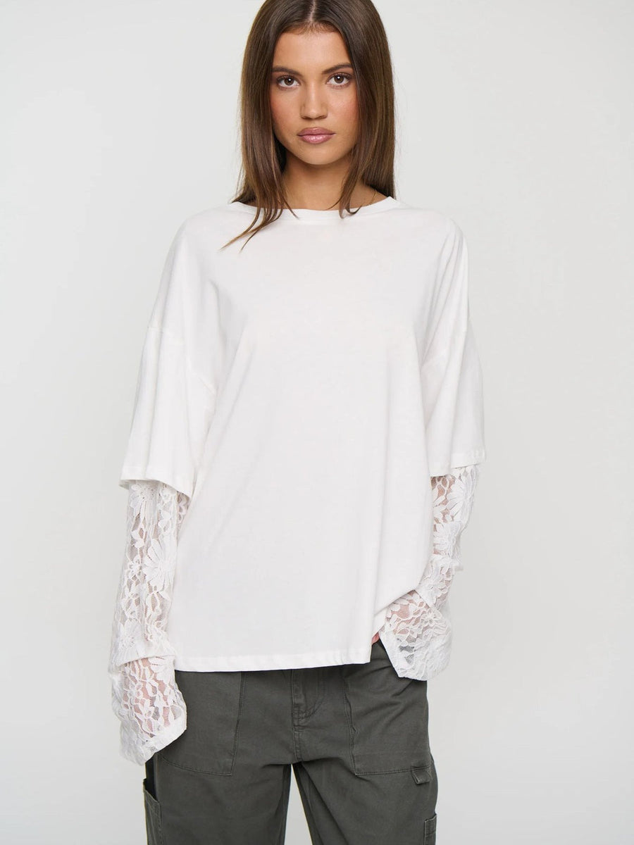 Lace Sleeve Drop Shoulder Round Neck Long Sleeve Top