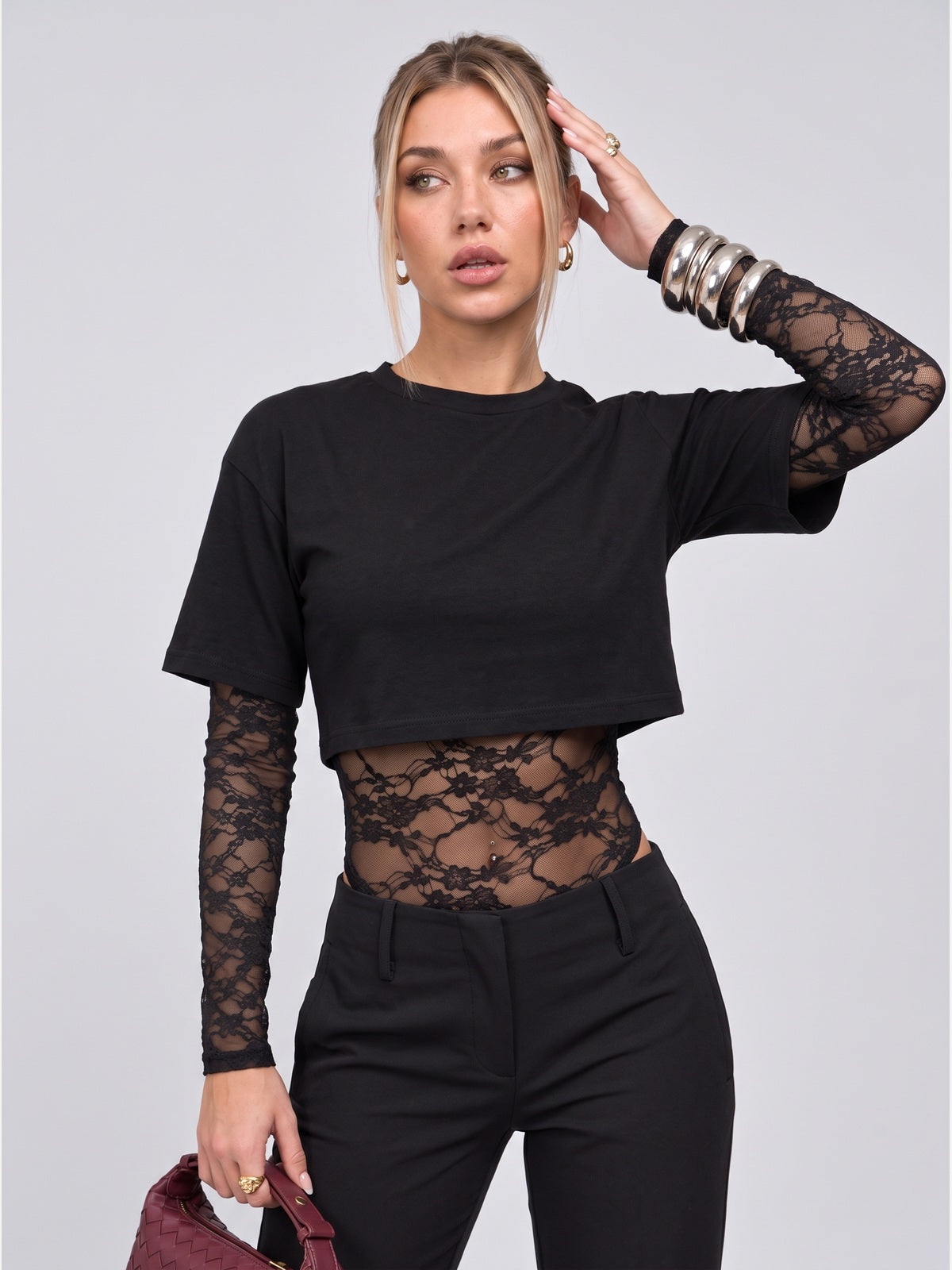 Sheer Lace Panel Cropped Long Sleeve Top