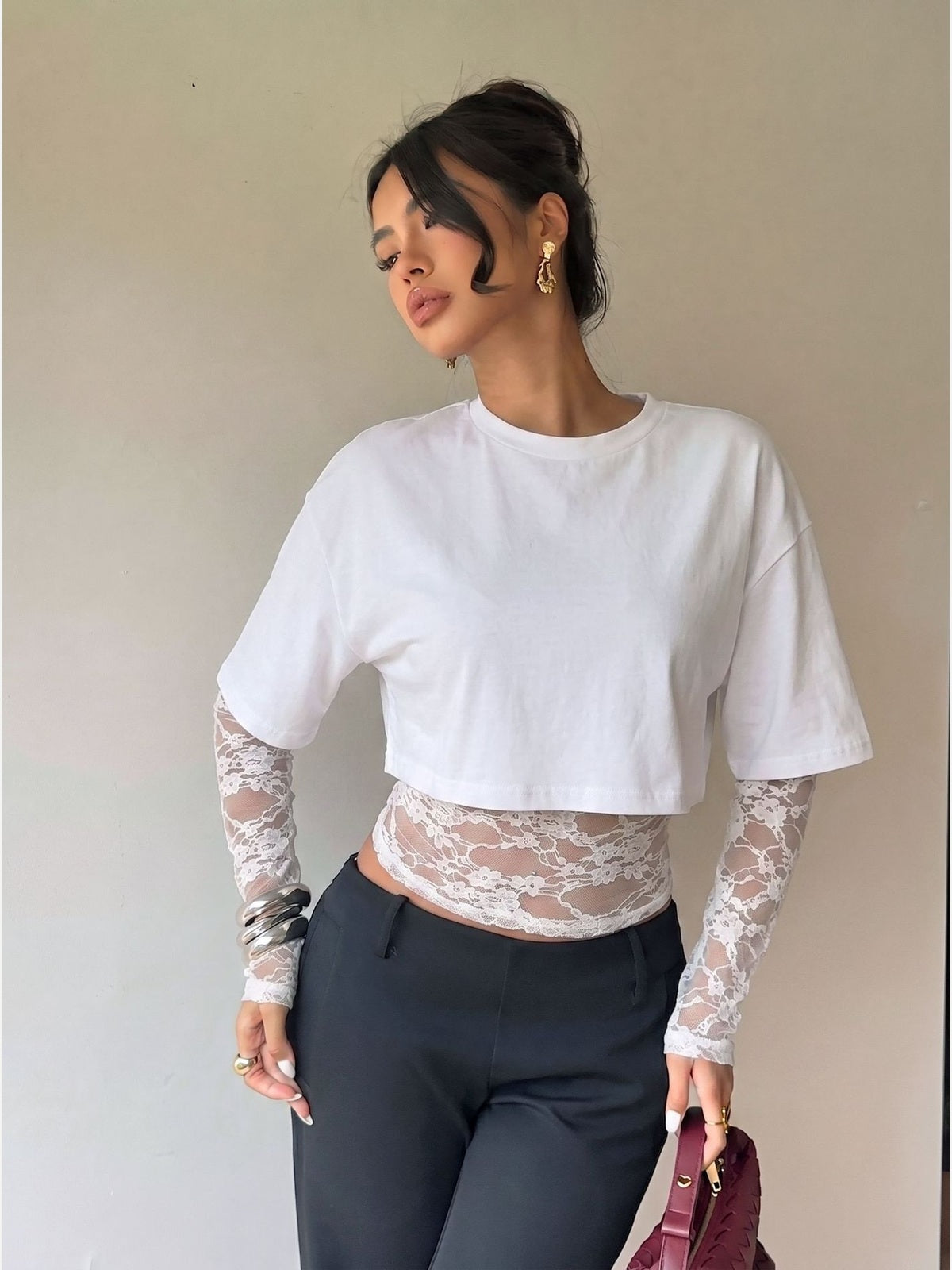 Sheer Lace Panel Cropped Long Sleeve Top