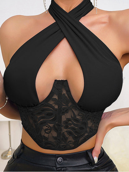 Halter Neck Lace-Panel Cutout Crop Top
