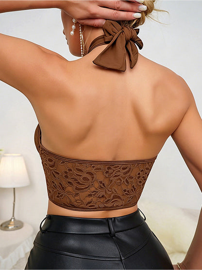 Halter Neck Lace-Panel Cutout Crop Top