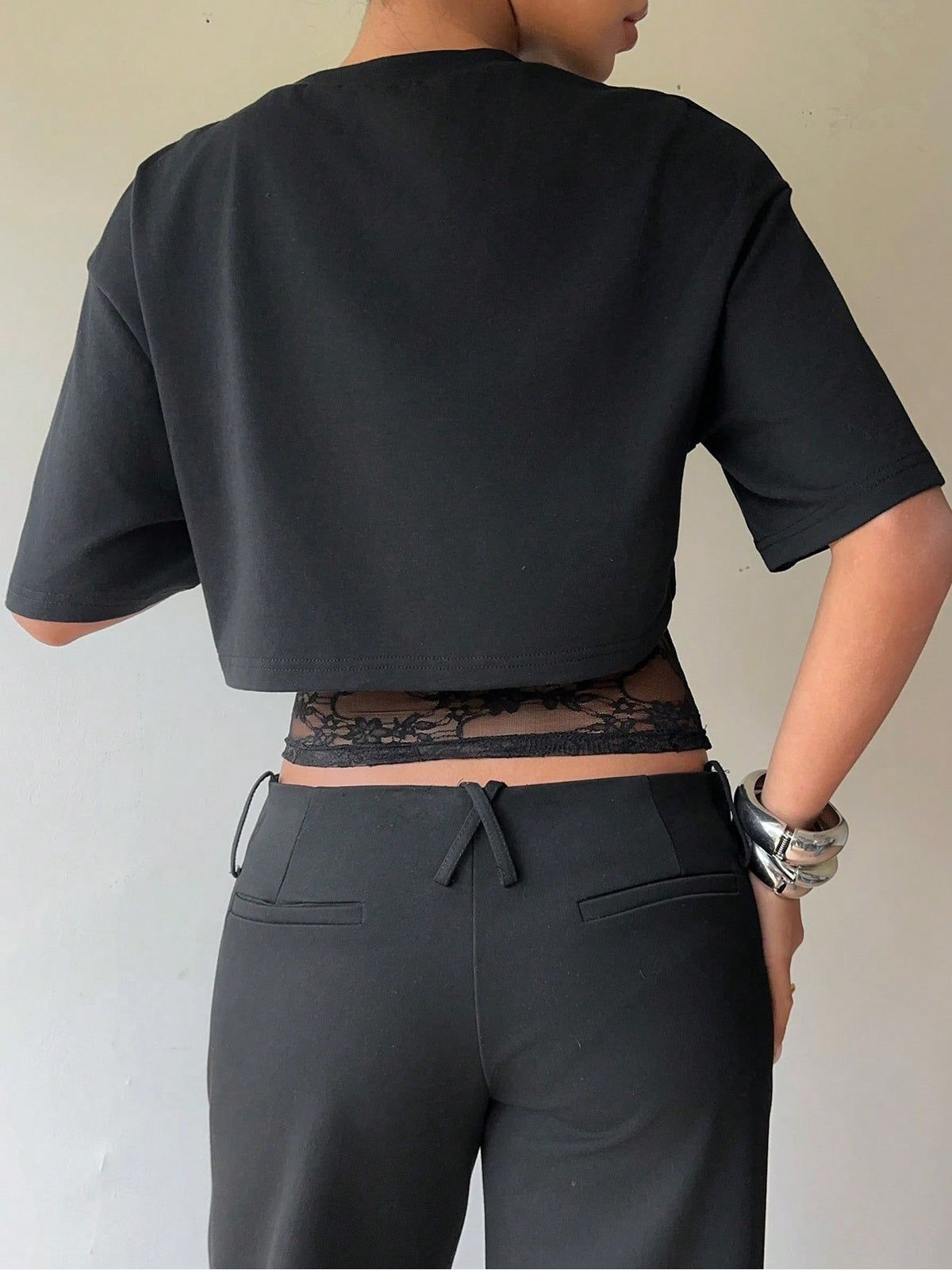 Women's Cropped Short Sleeve T-Shirt with Lace Midriff Insert