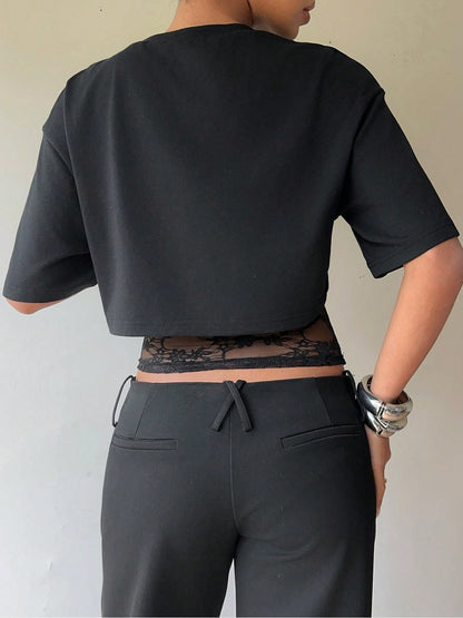 Women's Cropped Short Sleeve T-Shirt with Lace Midriff Insert