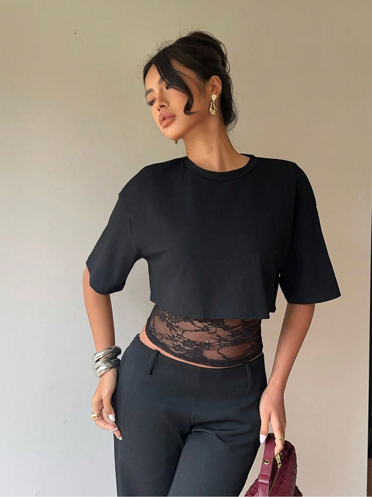 Women's Cropped Short Sleeve T-Shirt with Lace Midriff Insert