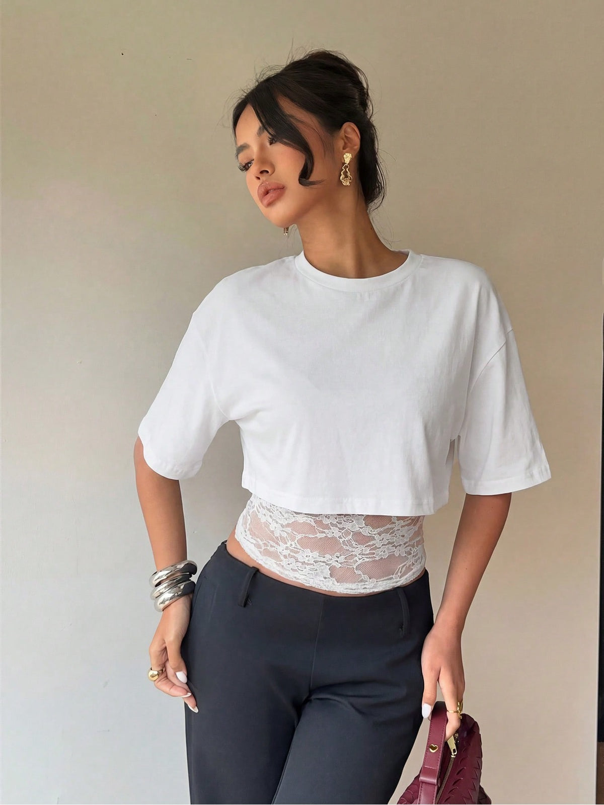 Women's Cropped Short Sleeve T-Shirt with Lace Midriff Insert