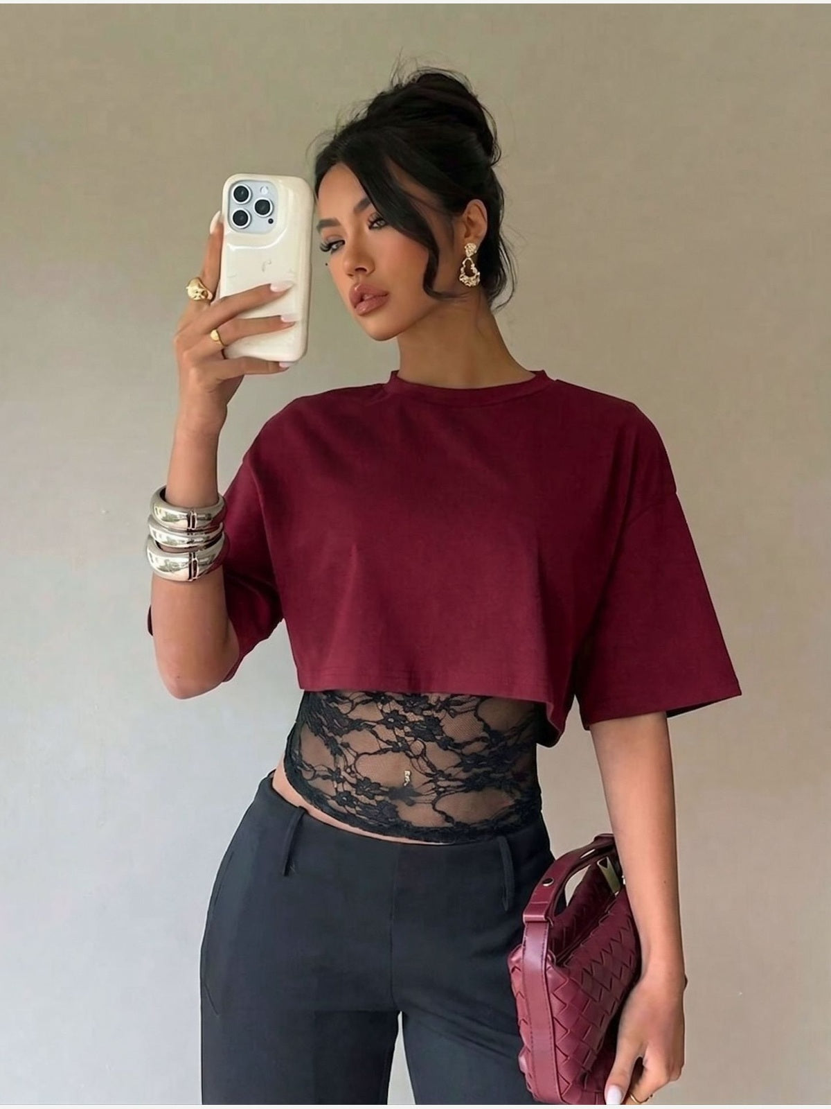 Women's Cropped Short Sleeve T-Shirt with Lace Midriff Insert