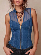 Mesh Splice Denim Zip Tank Top