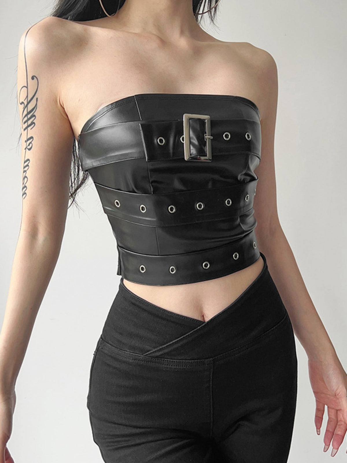 Faux Leather Strapless Buckle Tube Top