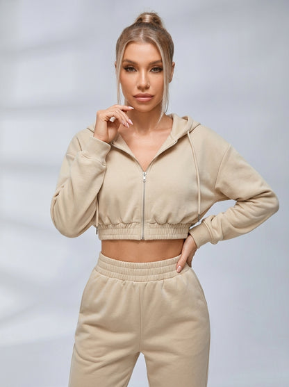 Velvet Zipper Pocket Hooded Casual Cropped Tracksuit