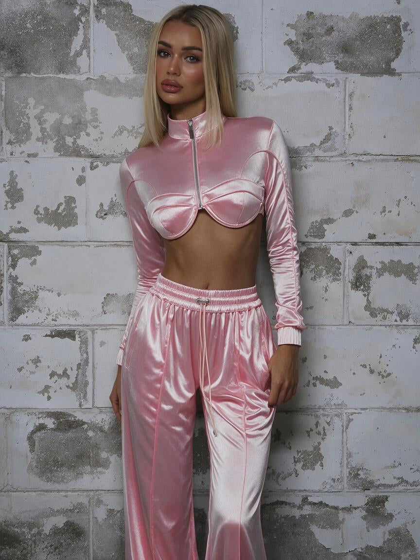 Satin Zip‑Up Cropped Jacket & Wide Leg Pants 2‑Piece Set