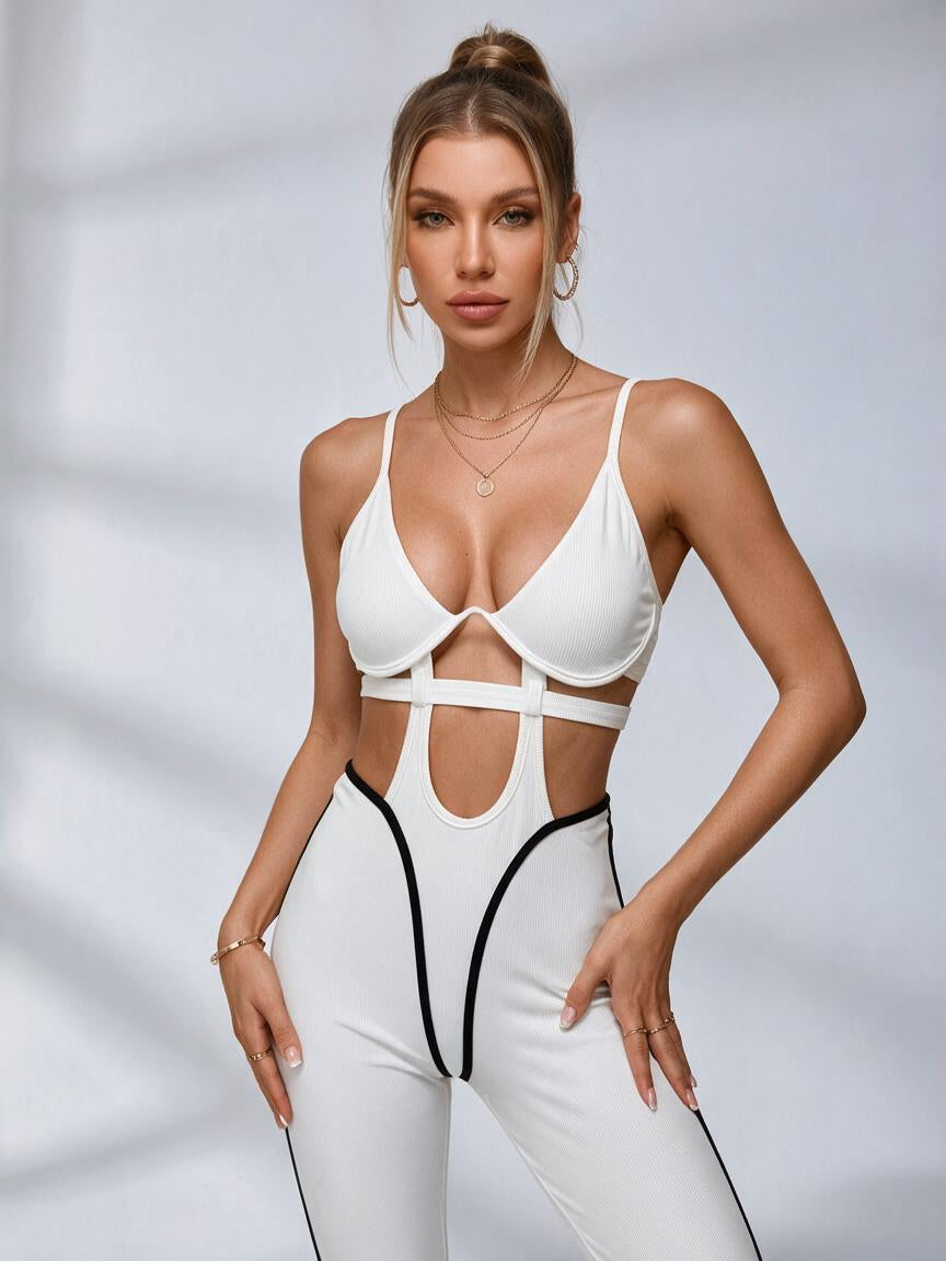 Gerippter Active-Jumpsuit mit Cut-Outs und Kontrastpaspelierung