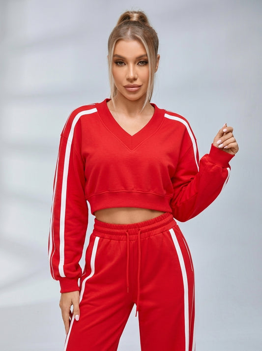 Contrast Color Stripes Big Heart Collar Pocket Casual Tracksuit