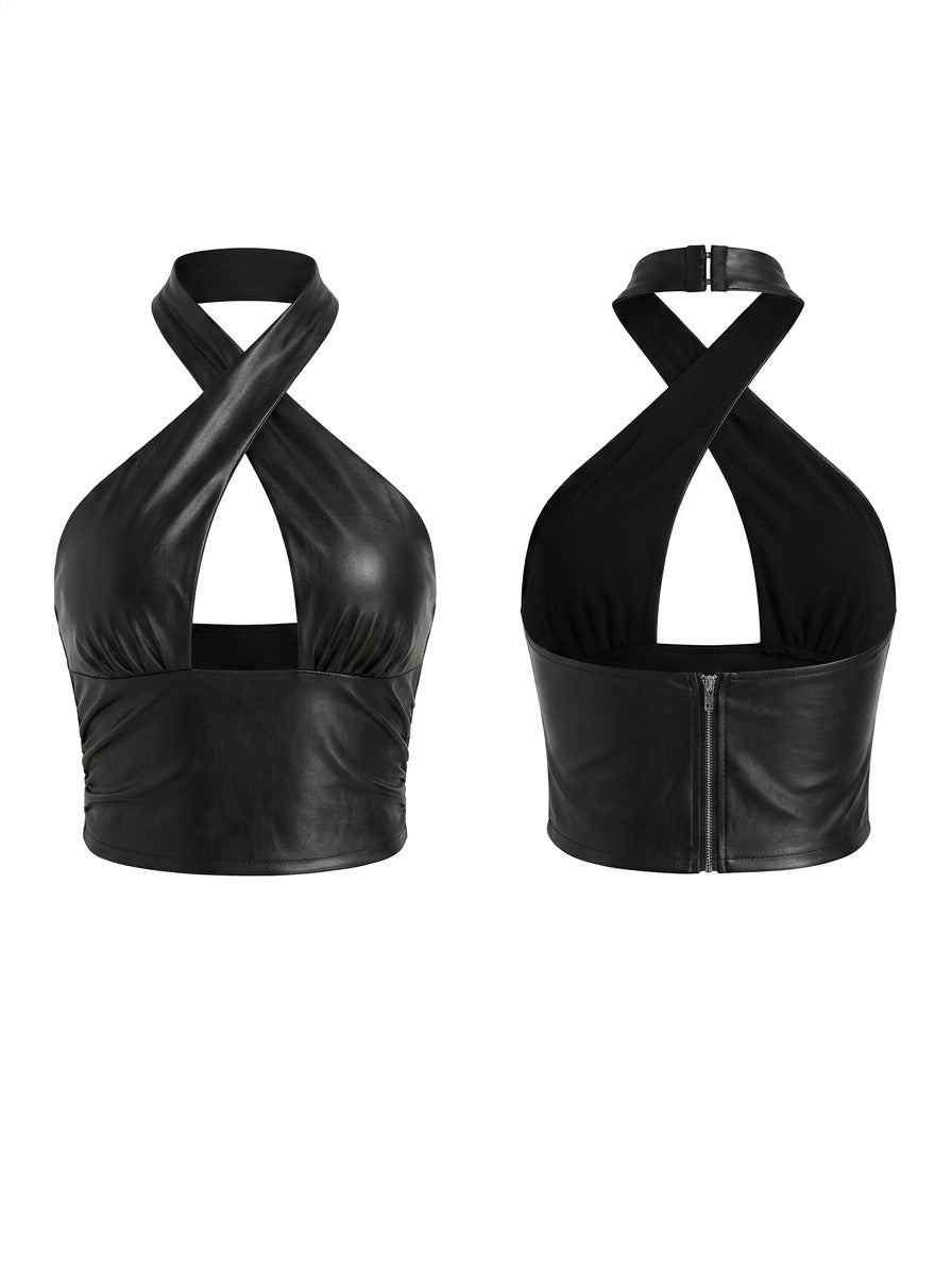 Sexy PU Glossy Hollow out High-support Zipper Sports Bras