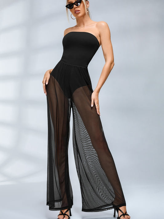 🖤ZASUWA Female Sexy Sheer Mesh Backless Flare Jumpsuit